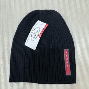 Prada Black Knit Hat with Red Logo